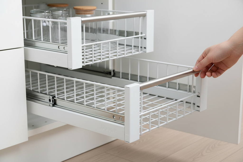 Close-up of slide-out organiser mechanism and quality construction