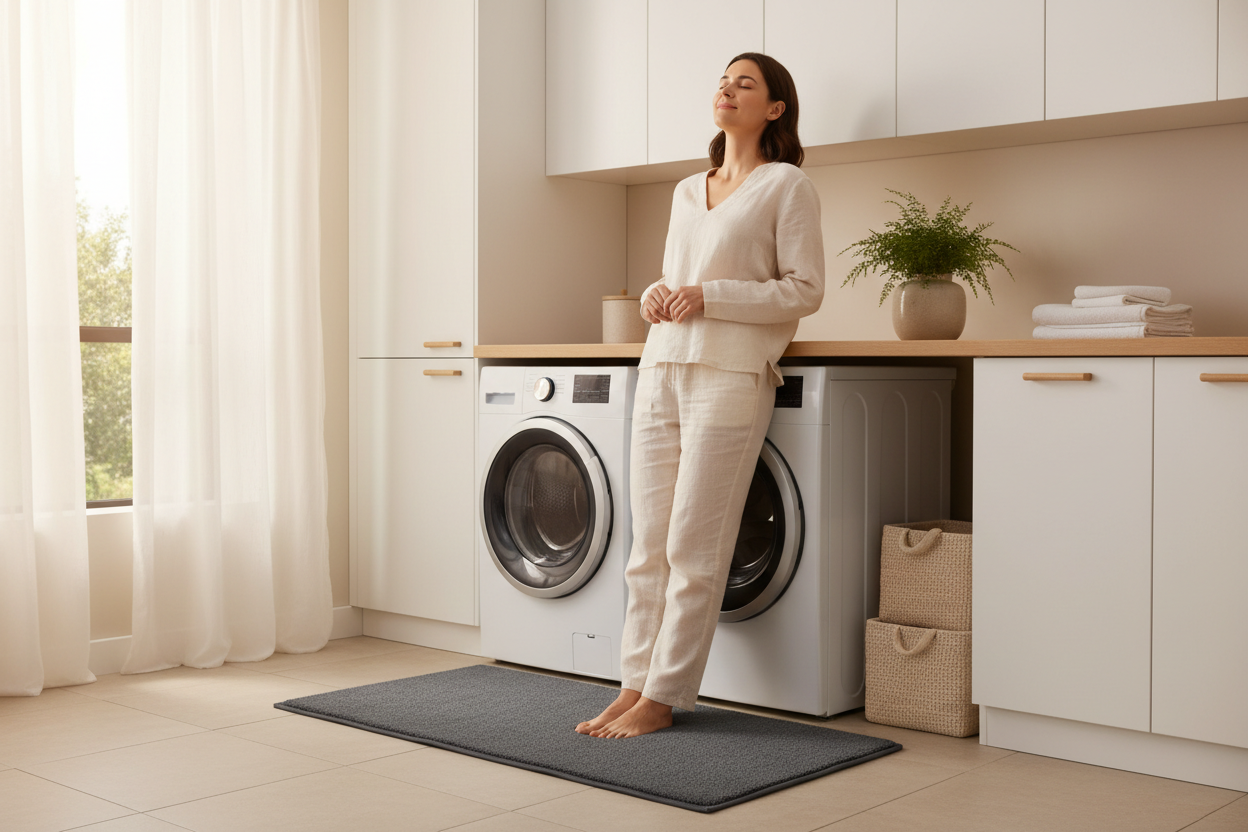 Person standing on anti-fatigue mat in laundry room