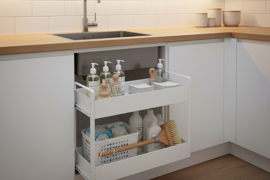 Slide-out cabinet organiser under kitchen sink fully extended