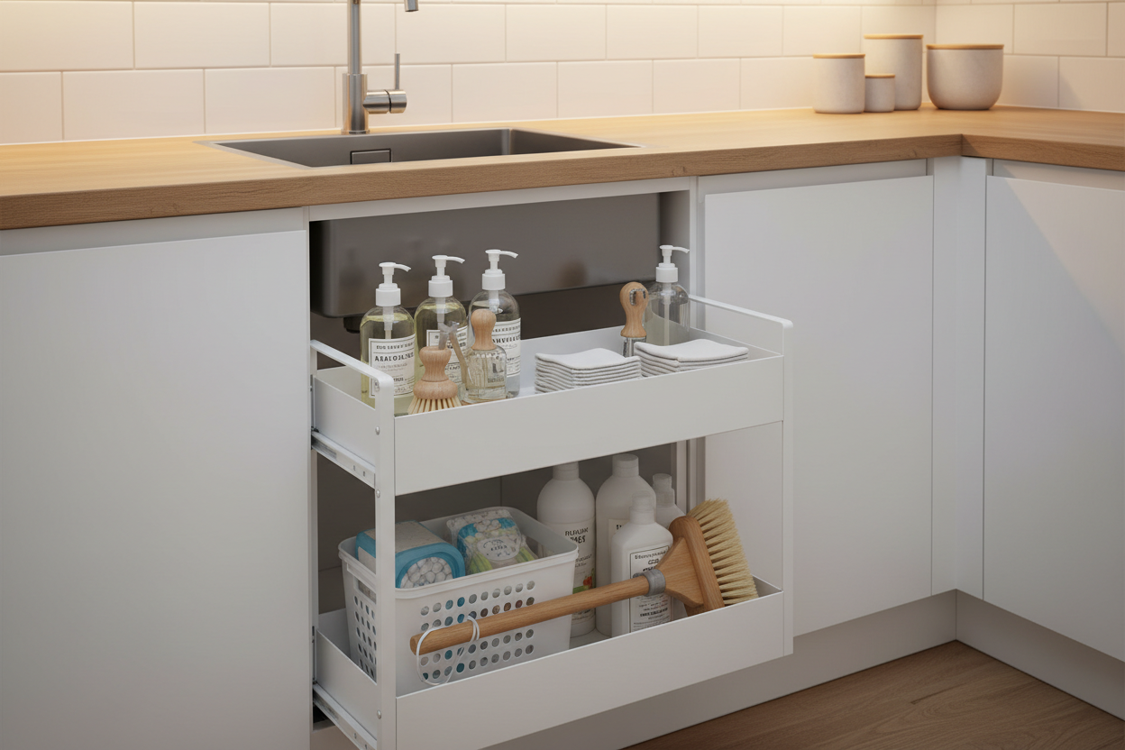 Slide-out cabinet organiser under kitchen sink fully extended