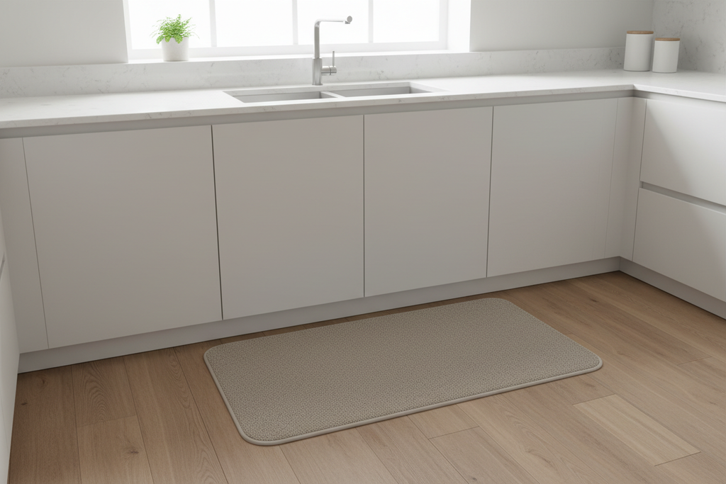 Anti-fatigue comfort mat in modern minimalist kitchen
