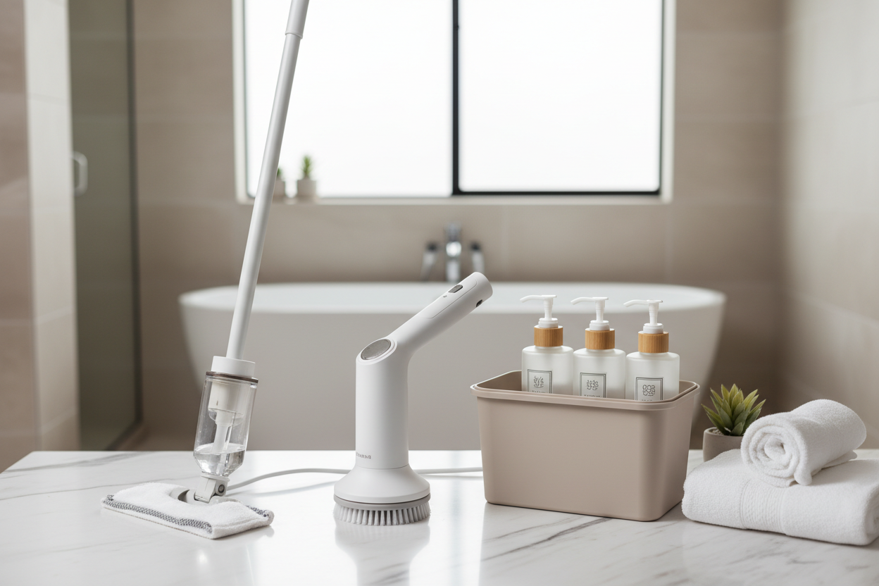 Bathroom Reset Bundle flat lay with power scrubber, spray mop, and cleaning caddy